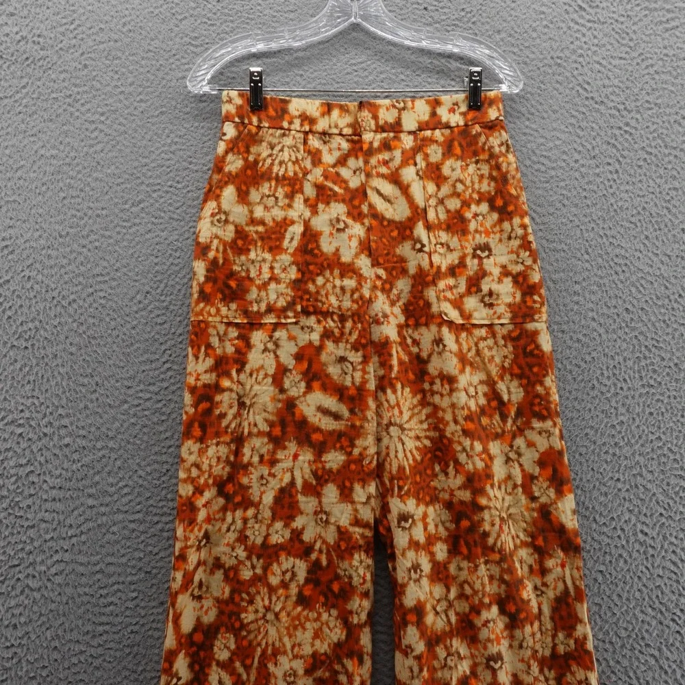 Zara Tie Dye Wide Leg Pants S Orange Beige Womens Linen Cotton Boho‎ Floral - Picture 3 of 12